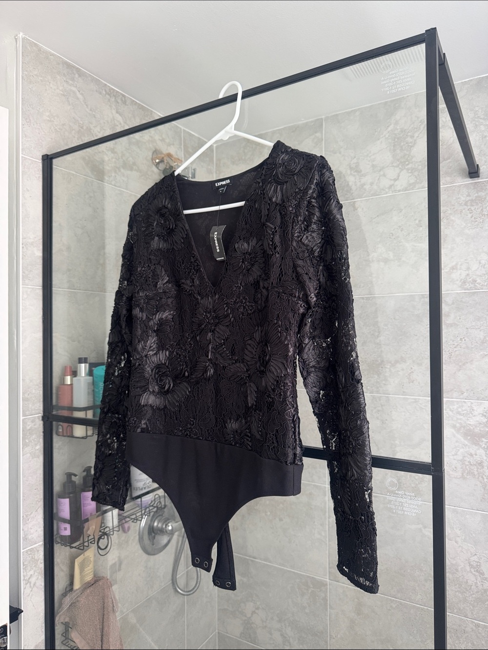Express Black Floral Lace V-Neck Long Sleeve Bodysuit